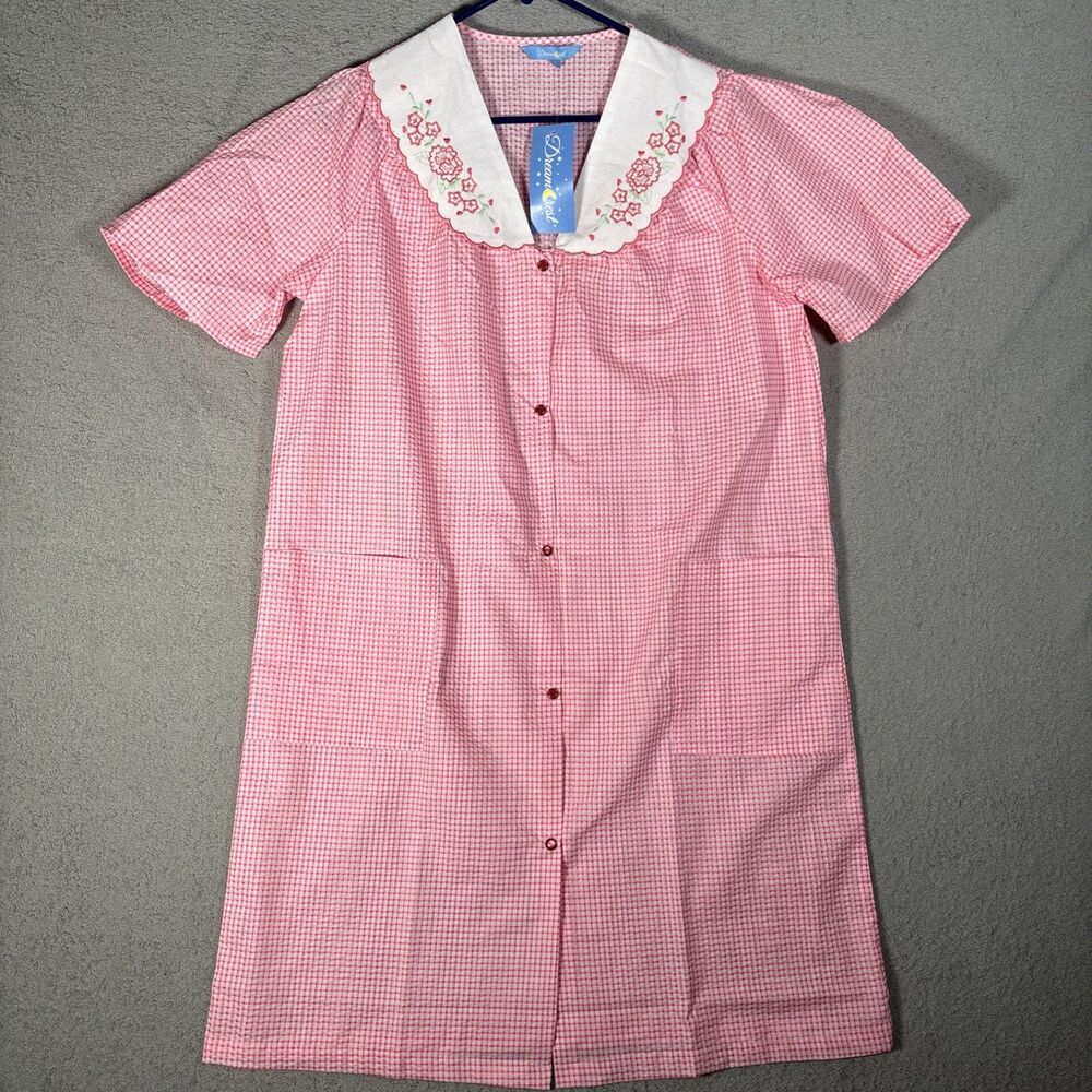 NWT Dreamcrest‎ Night Gown Women’s Size L Coral Gingham Plaid Pearl Snap Muumuu